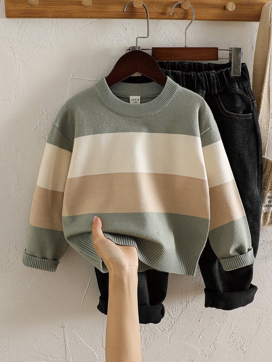 SHEIN Young Boy Autumn/Winter Casual Colorblock Patchwork Sweater - Green - View 1