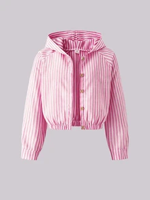 SHEIN 青少年女孩 3 件套服裝組合 粉色直條紋短版連帽外套 白色細肩帶背心上衣 與彈性高腰寬鬆寬腿長褲 時尚服飾 - 粉色 - 查看 4