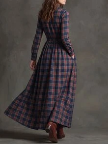 Solivie 女款秋季長洋裝，彩色格紋，適合日常辦公穿著 - 彩色 - 查看 2