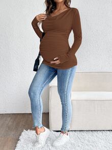 SHEIN Maternity Solid Color Ruched Casual Versatile Daily Long Sleeve T-Shirt - Coffee Brown - View 5