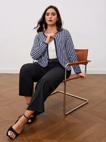 SHEIN Clasi 大尺碼復古優雅長袖粗花呢夾克，適合商務辦公 - 藍白色 - 查看 7