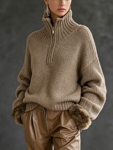LUMIGAL Women's Solid Color Casual Versatile Daily Wear Long Sleeve Sweater - Khaki - View 5