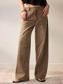 Willow Rêve Women's Brown Mid-Waist Straight Wide Leg Pants, Vintage Streetwear Washed Fluid Silhouette, Solid Color Western Casual Bohemian Style, Going Out Fall - Khaki - View 5