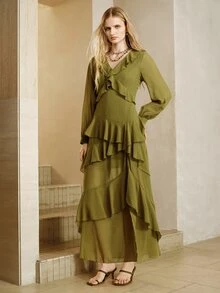 Arave Dress A-Line Maxi Chiffon V-Neck Ruffle Layered Pleated High Slit Sheer Long Sleeve Elegant Romantic Boho Olive Green Solid Holiday Date Party Autumn - Green - View 3