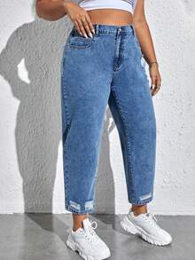 SHEIN EZwear 大尺碼女款休閒日常牛仔褲，附口袋、鈕扣與破洞設計 - 藍色 - 查看 4