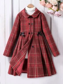 SHEIN Tween Girls' Back To School Autumn Vintage Red Plaid Overcoat With Bow Decor, Peter Pan Collar, Double-Breasted Daily Jacket - Red - View 3