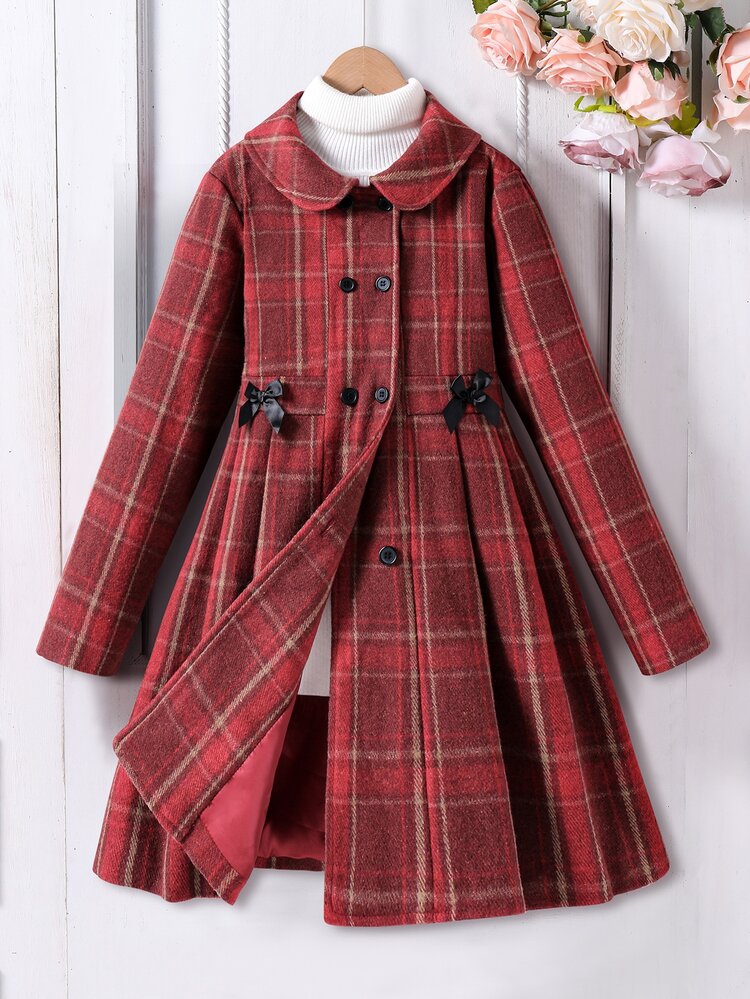 SHEIN Tween Girls' Back To School Autumn Vintage Red Plaid Overcoat With Bow Decor, Peter Pan Collar, Double-Breasted Daily Jacket - Red - View 3