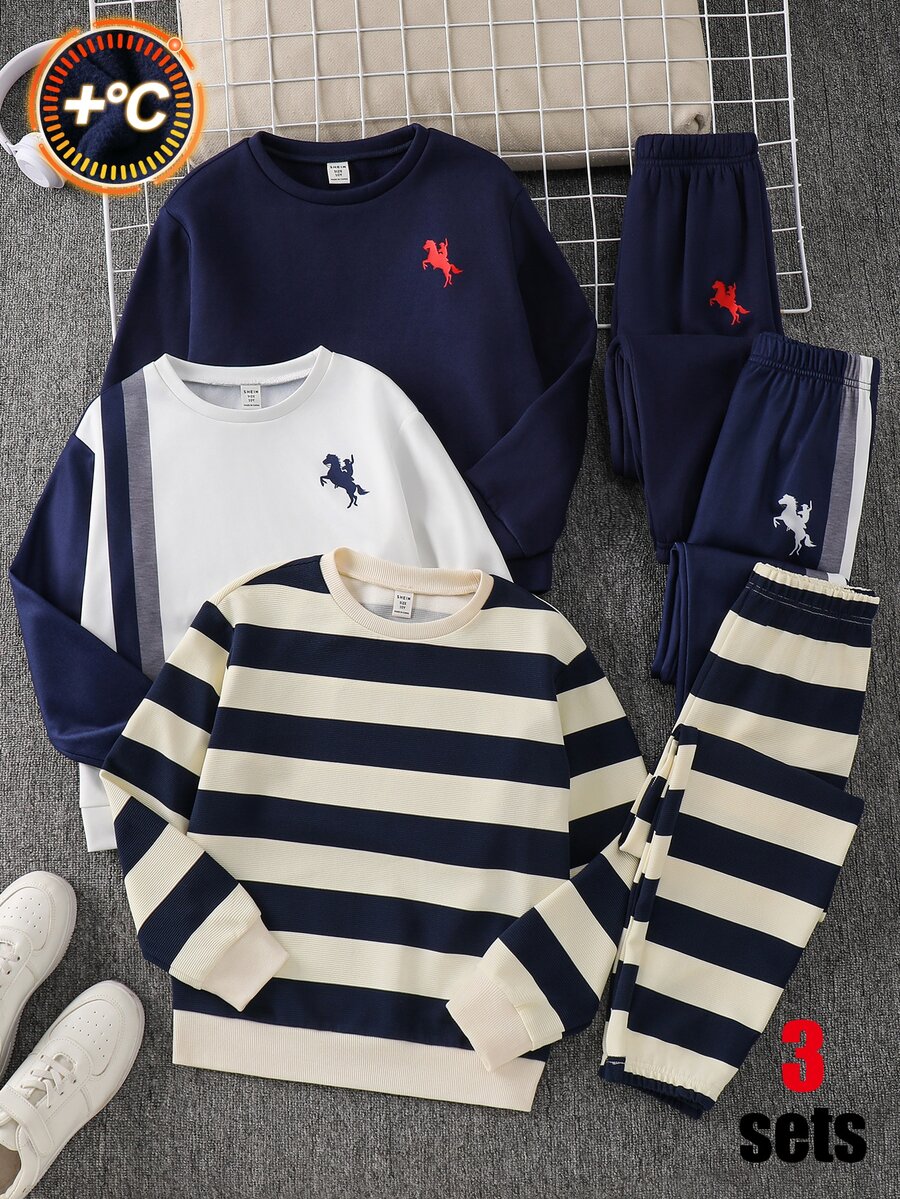 SHEIN 3套買2送1兒童青少年男孩休閒運動軟布料連帽衛衣與運動長褲套裝，海軍藍連帽衫、黑色連帽衫、白色連帽衫，基礎上衣，適合秋冬、學校、家庭聚會，秋季穿搭，冬季穿搭