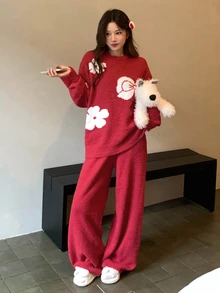 DAZY Autumn/Winter Soft & Cozy Floral Bow Half-Fleece 2 Pieces Pajama Set Loungewear For Women - Red - View 8
