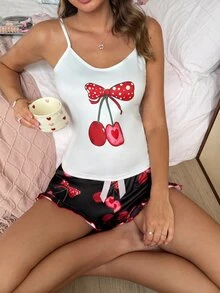 SweetSlumber Women's Sweet INS Colorblock Cherry Print Ruffle Trim Camisole And Pajama Pants Sleepwear Set - Multicolor - View 6