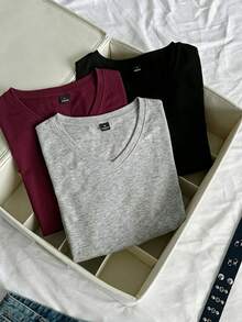 SHEIN EZwear 3件組女款夏季V領修身T恤，龐克次文化動漫純色基礎款V領短袖修身T恤 - 彩色 - 查看 7