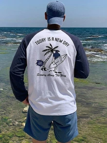 DAZY 春秋款長袖海灘衝浪圖案印花白色衣身配對比海軍藍插肩袖男士T恤 - 彩色 - 查看 8