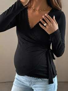 Dazy Maternity Contrast Lace Trim Fitted Asymmetric Tie-Up Long Sleeve Elastic Casual Daily Korean Style Versatile Spring Autumn Maternity T-Shirt - Black - View 5