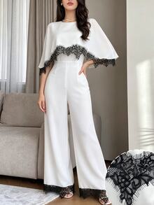 Modelyn Elegant Lace Patchwork Cape Jumpsuit For Women, Sophisticated And Fashionable - Black and White - View 3