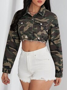 Jeanoix Y2K 女款牛仔迷彩毛邊破洞牛仔夾克 - 軍綠色 - 查看 4