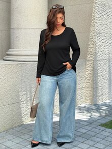 Easura Plus Size Women Solid Color Casual Versatile Everyday T-Shirt - Black - View 5