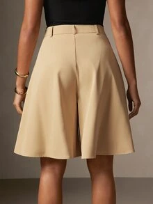 Hauture Celana Pendek Capri Lipit Kaki Lebar Warna Polos Kasual Seksi untuk Wanita - Khaki - View 4