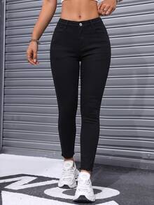SHEIN Unity 女款修身休閒百搭牛仔褲，附口袋 - 黑色 - 查看 1
