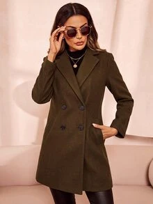 SHEIN Clasi Women's Solid Color Lapel Neck Long Sleeve Double-Breasted Casual Overcoat - Coffee Brown - View 3