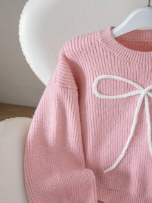 SHEIN Girls' Pink Fashionable Bow Pattern Jacquard Knit Pullover Sweater Long Sleeve Top - Pink - View 5