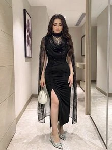 Feyla فستان حفلة نسائي أنيق بخصر مشدود وتصميم مطوي مع رقعات من الشبك - الأسود - مشاهدة 5