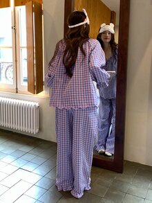 DAZY Women's Plaid Long Sleeve Top And Pants Casual Daily Home Sleepwear Set Fall - Pink - View 2