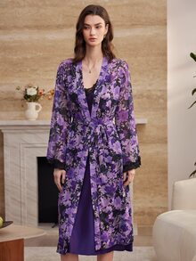 Moireta Set Pakaian Tidur 2 Potong untuk Wanita: Gaun Kamisol Satin Elegan Dewasa & Jubah Jala Bermotif Bunga - Purple - View 6