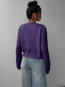 SHEIN Tall CURVE 大尺碼女款休閒純色圓領長袖寬鬆短版開襟針織外套 - 紫色 - 查看 2