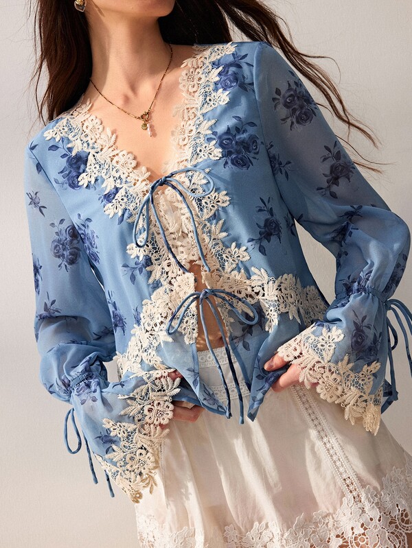 Willow Rêve 女款藍色花卉圖案刺繡領拼接雪紡浪漫繫帶前襟襯衫