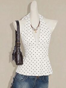 SHEIN ICON 掛脖深V領收腰A字露背波點背心上衣 - 白色 - 查看 10