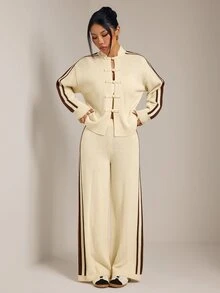 SHEIN PETITE Petites New Chinese-Style Autumn/Winter Set Featuring A Frog-Button Cardigan And Trousers - Apricot - View 4