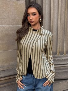 Aloruh Women's Autumn/Winter New Stand Collar Khaki Metal Button Striped Jacket Shirt,Going Out - Khaki - View 1