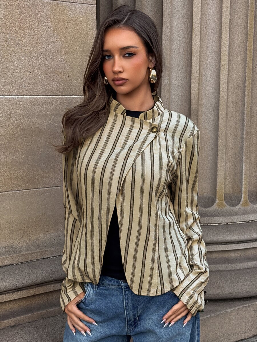 Aloruh Women's Autumn/Winter New Stand Collar Khaki Metal Button Striped Jacket Shirt,Going Out - Khaki - View 1