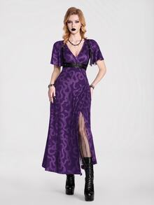 Breakform Blakeform Women's Gothic Style Summer Deep V-Neck Fitted Short Sleeve Black Snake Print Wrap Tie Long Slit Dress - Multicolor - View 6