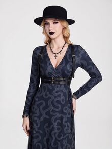 Breakform Gothic Goth Halloween Sexy Long Printed Lace-Up Long Sleeve Dress With Snake Pattern, Dark Romantic Style Night Fall - Multicolor - View 4