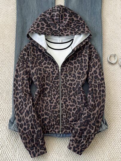 Tween Girl Tween Girl Autumn/Winter Casual Knit Leopard Print Zip-Up Sweatshirt Jacket, Suitable For Back To School, Autumn, School Wear, Zip-Up Hooded Winter Top, Pullover, Jacket