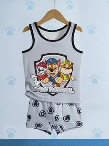 SHEIN | PAW Patrol 2 قطعة/مجموعة ملابس علوية بدون أكمام مطبوع رقميًا باللون الرمادي وسروال داخلي قصير للأولاد الصغار لطيف وجميل - رمادي غامق - مشاهدة 3