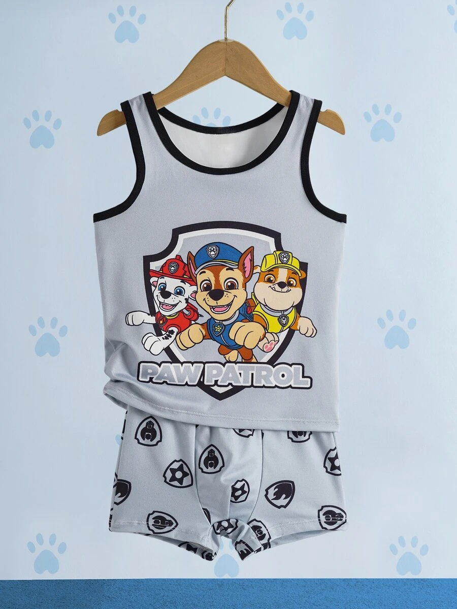 SHEIN | PAW Patrol 2件組 小男孩灰色數位印花背心與四角內褲 可愛迷人 - 深灰色 - 查看 1