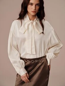 BELROSIE New European And American Style Autumn/Winter Fashion Versatile Solid Color Satin Loose Collar Tie Elegant Commute Long Sleeve Blouse - Apricot - View 6