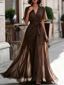 SHEIN Women's Mesh V-Neck Pleated Casual Party Long Dress - Brown - View 6