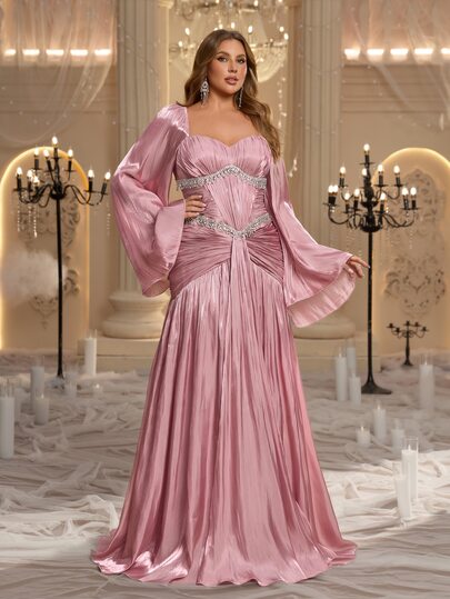 Glamrae Plus Size Elegant Romantic Fashion Lotus Pink Organza Chiffon Ruched Bust Flared Sleeves Mermaid Hemline Elegant Party Dress Wedding Guest Dress Bachelorette Party Dress Formal Evening Gown
