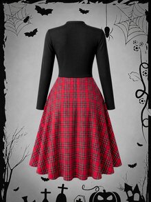 Rometta Plus Size Plaid Patchwork Waist Design Flared Dress Fall - Multicolor - View 2