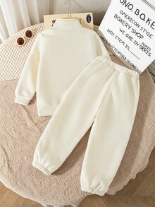 2件組男童秋冬抓絨內裡加厚休閒極簡小馬刺繡半拉鍊立領運動衫與運動長褲套裝，時尚且適合日常穿著、上學、外出等多種場合 - 彩色 - 查看 2