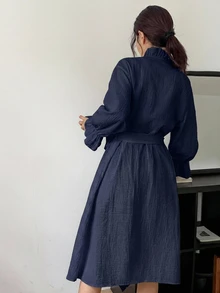 DAZY Romantic Ruffle Trim Long Lapel Robe Women's Loungewear - Navy Blue - View 2