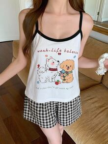 DAZY Happy Puppy Pattern Sleeveless Camisole Tank Top & Plaid Short Pajama Pants 2-Piece Set Summer Women's Sleepwear Outfit - Black - View 4