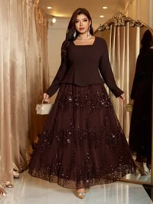 Reflora Plus Size Elegant Party Sequin Patchwork Dress - Brown - View 7