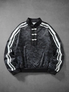 ROMWE MEN Áo nỉ unisex phong cách đường phố vintage thương hiệu, kiểu Trung Quốc mới, họa tiết rồng in kỹ thuật số màu tối, cổ đứng, khuy cài kiểu ếch - màu đen - Xem 1