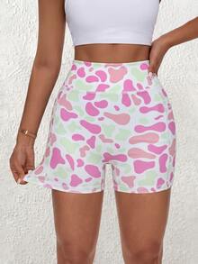 SHEIN Core Rhythm Celana Pendek Olahraga Slim Fit Pinggang Tinggi dengan Motif Cetak Seluruh Permukaan - MultiWarna - View 1