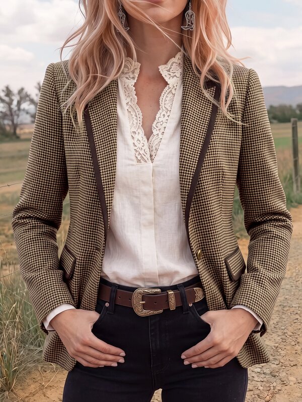 Wildy BOHO Casual Western Country Nomad Women's Autumn/Winter Outfit, Plaid Colorblock Blazer Jacket For Outings And Commuting