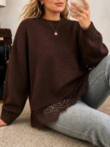 Vionelle Plus Size Women's Solid Color Round Neck Dropped Shoulder Loose Knit Sweater With Lace Hem Splice 2 In 1 Long Sleeve Pullover - Coffee Brown - View 1